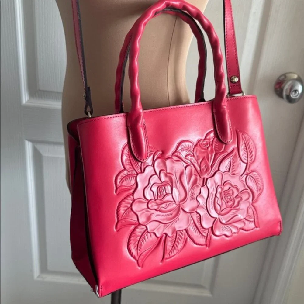 Patricia Nash Genovese Leather Top Handle Crossbody Rose Tooled Passion Handbag